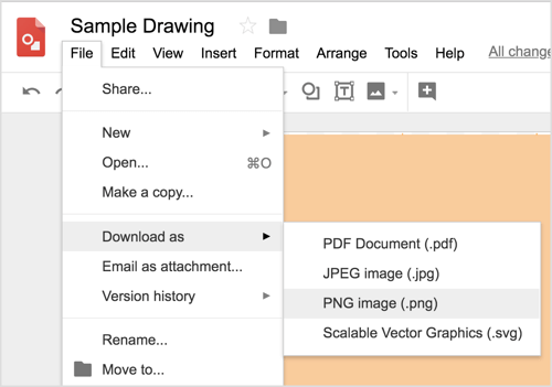 Välj Arkiv> Ladda ned som> PNG-bild (.png) för att ladda ner din Google Drawings-design.
