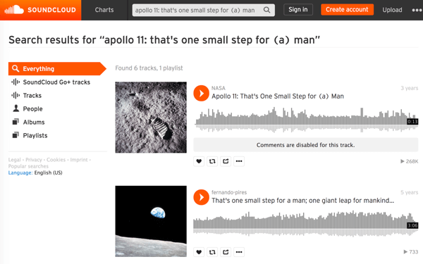 Sök på NASAs mediefiler på SoundCloud för att hitta och ladda ner ljudet av ikoniska historiska ögonblick som den första vandringen på månen.