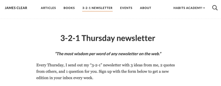 James Clear 3-2-1 nyhetsbrevssida på webbplatsen