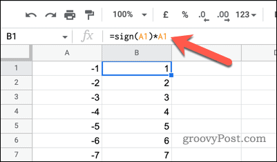 Använd TECKN och multiplikation för att ändra negativa tal till positiva i Google Sheets