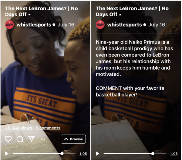 Exempel på Whistle Sports IGTV-serien No Days Off.