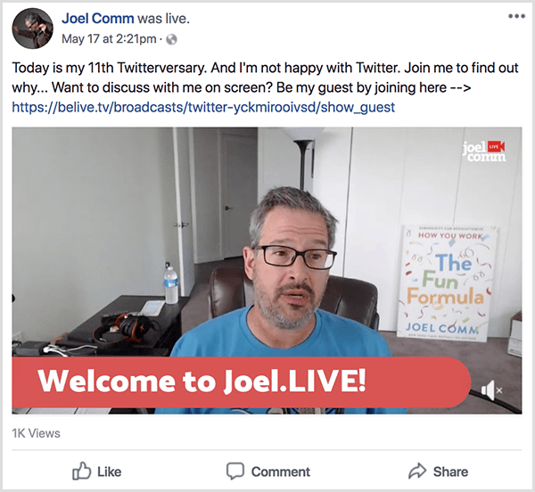 Joel Comm visas i en livevideo från hans kontor. Väggarna är kala och vita, och en affisch som visar omslaget till The Fun Formula lutar sig mot en vägg i bakgrunden. Joel bär en blå t-shirt och glasögon. En lägre tredjedel bildtext säger Välkommen till Joel. LEVA!