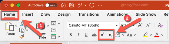 Ikoner för att ändra text till prenumeration eller superscript i PowerPoint på Mac