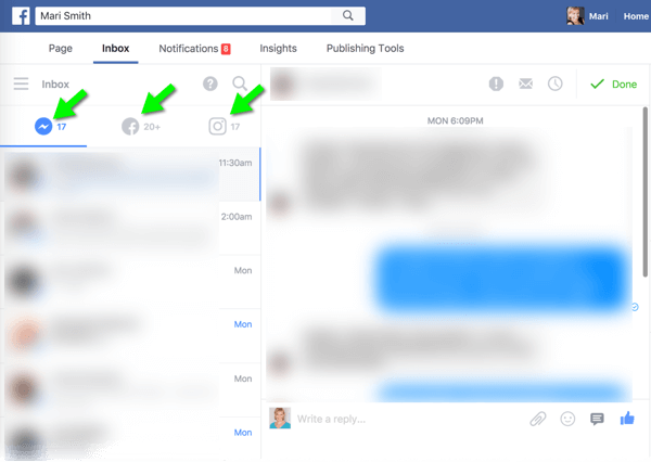 Den nya enhetliga Messenger, Facebook och Instagram-inkorgen på skrivbordet gör det mycket lättare att hantera publikmeddelanden.