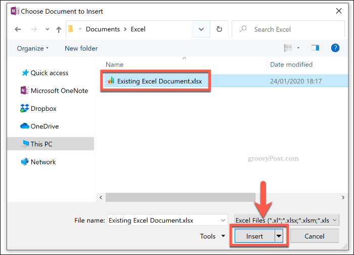 Att välja ett befintligt Excel-dokument att infoga i OneNote