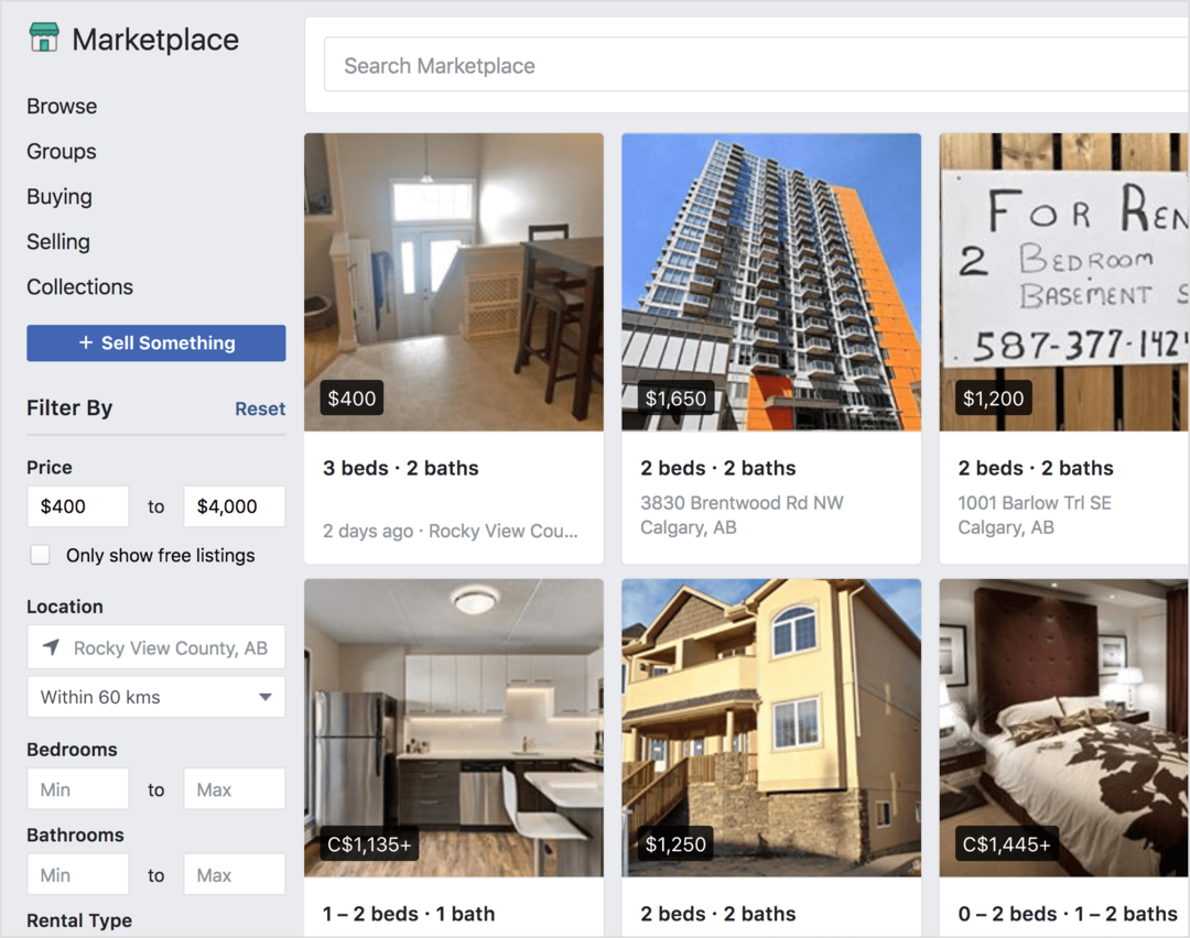 Facebook Marketplace erbjuder hyresfastigheter till salu.