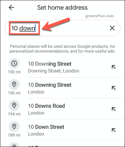 Söker efter en hemadress i Google Maps mobil