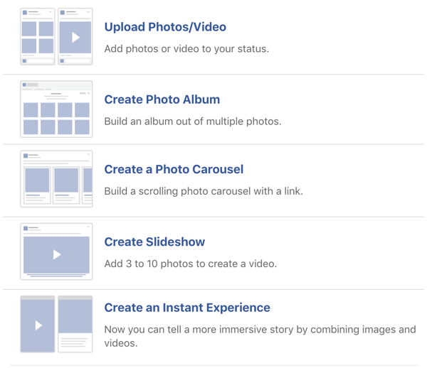 Exempel på Facebook-bild- och videopostalternativ.