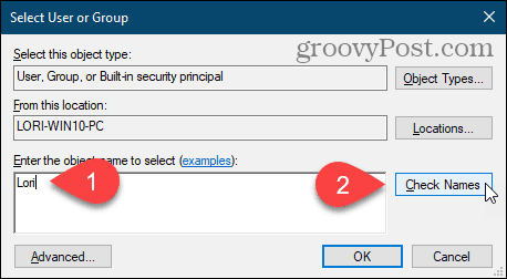 Klicka på Kontrollera namn för att ange användarnamn i dialogrutan Välj användare eller grupp i Windows-registret