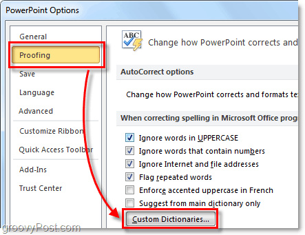 Klicka på anpassade ordböcker på provfliken på Office 2010