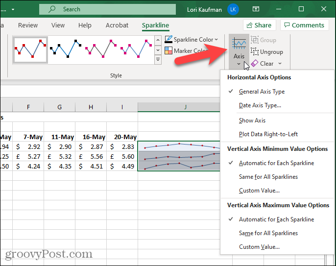 Axelknapp på Sparkline-fliken i Excel