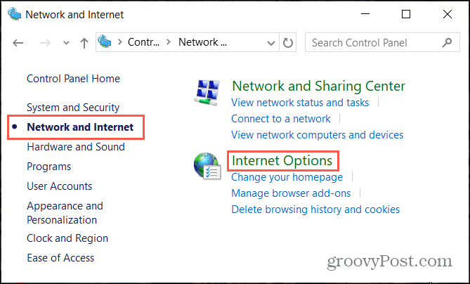 Internet-nätverksalternativ i Windows kontrollpanel