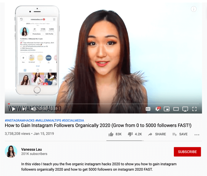 Vanessa Lau YouTube-video om organiska hack på Instagram