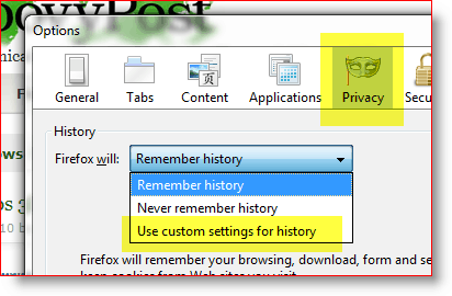 Firefox - använd anpassade inställningar för historik