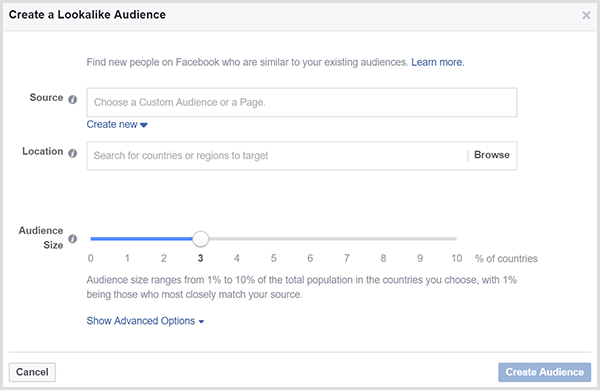 Dialogrutan Facebook Create a Lookalike Audience har en skjutreglage för Audience Size.