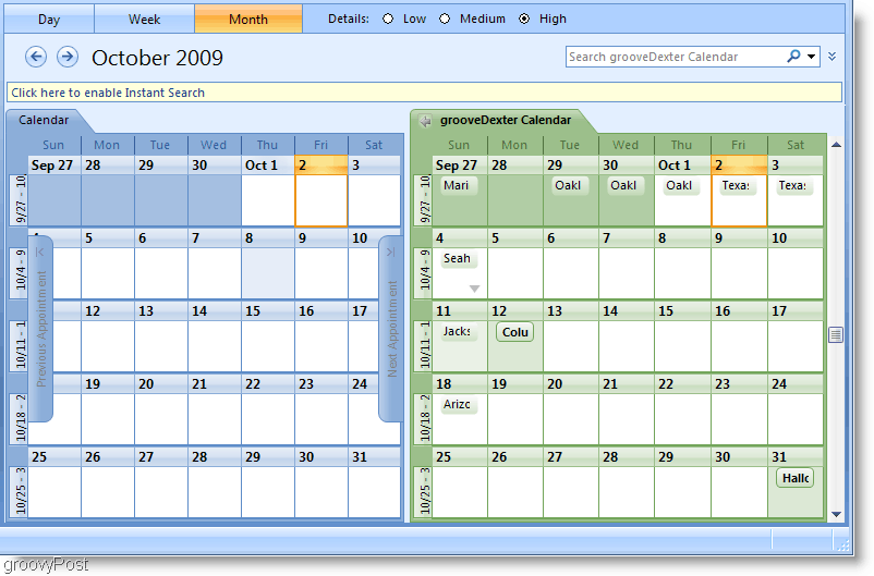 Outlook 2007 sida vid sida kalenderskärmbild