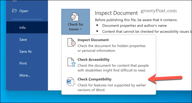 Kontrollera dokumentkompatibilitet i Word