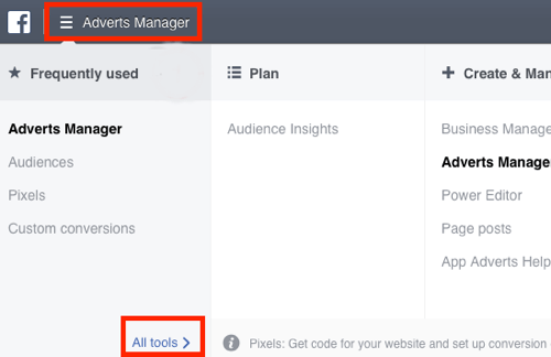 Navigera till Pixels-instrumentpanelen i din Facebook Ads Manager.