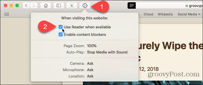 Använd knappen Webbplatsinställningar i Safari för Mac