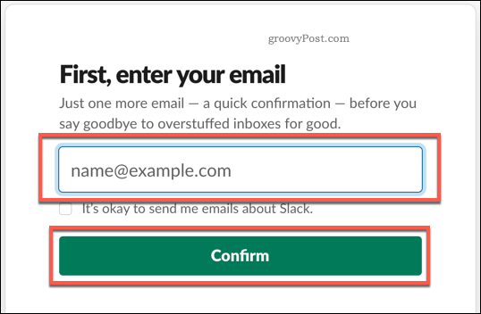 Tillhandahålla ett e-postmeddelande för att skapa ett Slack-konto