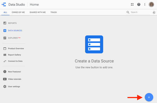 Använd Google Data Studio för att analysera dina Facebook-annonser, steg 1, alternativ för att skapa en datakälla i Google Data Studio