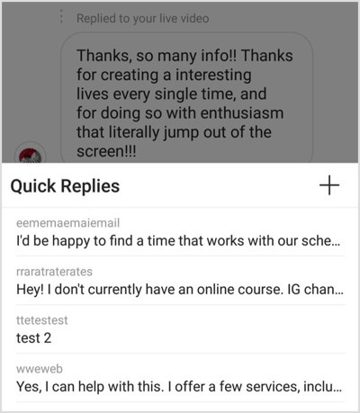Tryck på + -knappen för att skapa ett nytt snabbt Instagram-svar.