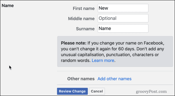 Granska Facebook-namnändringar