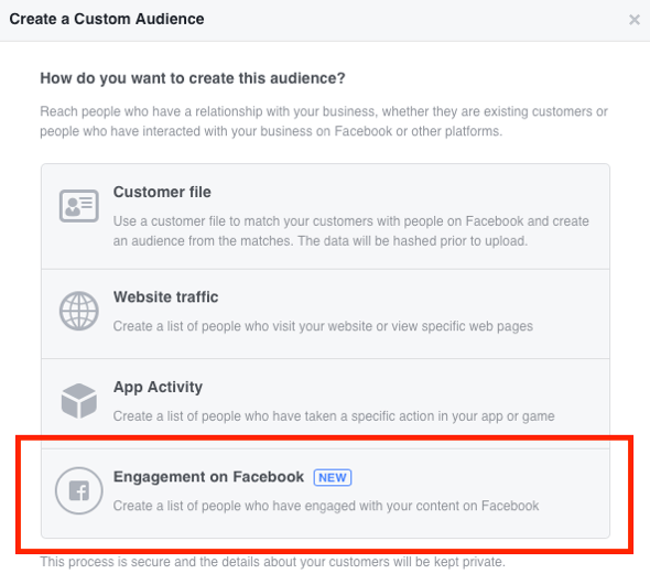 Välj Engagement på Facebook som den typ av anpassad målgrupp du vill skapa.