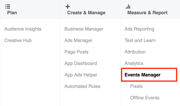 Alternativ att välja Event Manager i Facebook Ads Manager.