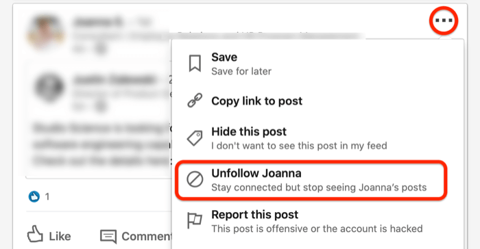 skärmdump av... rullgardinsmeny för ett LinkedIn-inlägg med alternativet Sluta inringat i rött