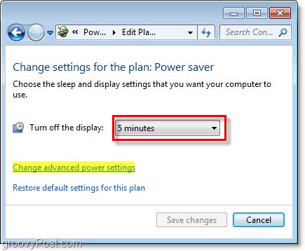 redigera grundläggande energisparinställningar i Windows 7 och klicka på den avancerade länken för att redigera avancerade
