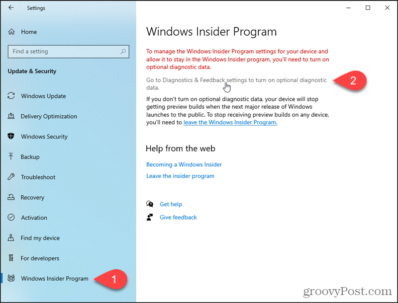 Gå till Windows 10 Diagnostik och feedback-inställningar
