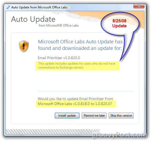 Skärmdump för automatisk uppdatering av Microsoft Office Labs:: groovyPost.com