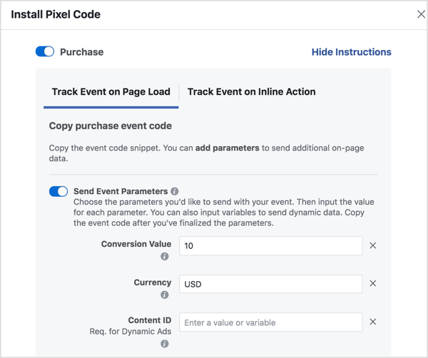 Ange parametrar för att generera den Facebook-händelsekod du behöver.