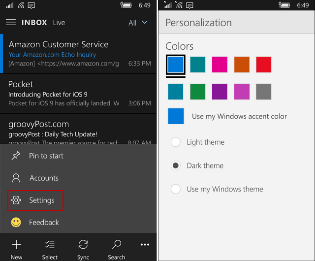 Outlook Mail och kalenderapp på Windows 10 Mobile Gains Dark Theme