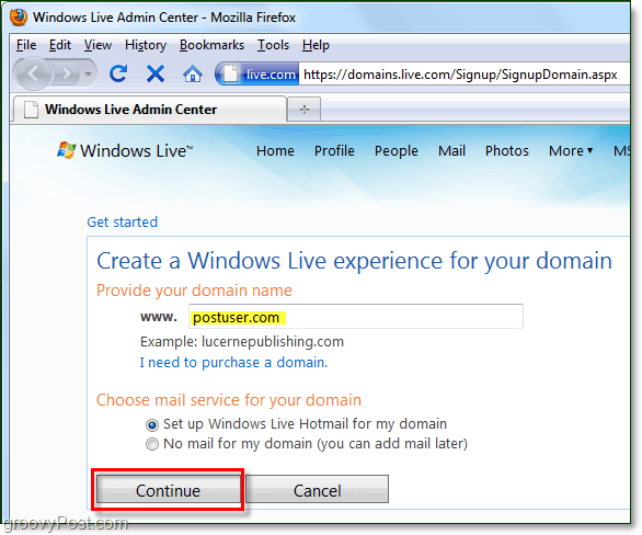ge ditt domännamn till Windows Live