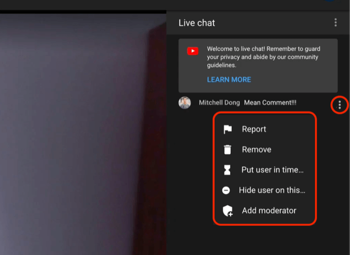 youtube-chattkommentarer moderering alternativ för att rapportera eller ta bort kommentaren, sätta användaren i timeout, dölja användaren på kanalen eller lägga till en moderator i chatten