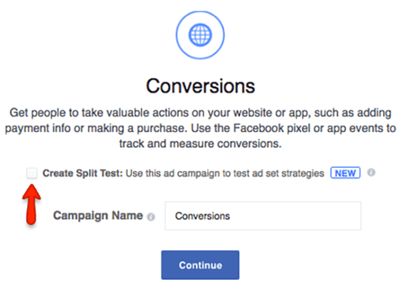 Markera rutan för att skapa ett delat test för din Facebook-kampanj.