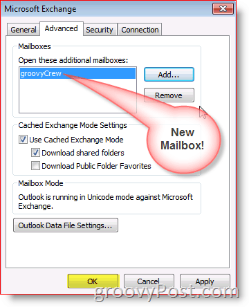 Skärmbild för Outlook 2010 lägg till avancerad flik för postlådan