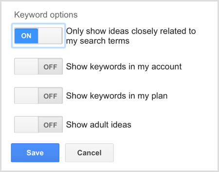 Sökordalternativ för Google AdWords Keyword Planner