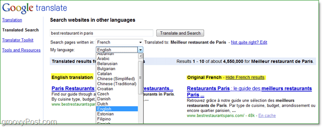 sök efter internetsidor på olika språk och läs dem på din egen med översatt serach från Google