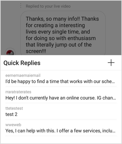  Välj ett Instagram-snabbsvar för att lägga till det i meddelandetråden.