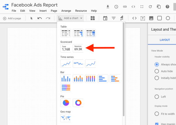 Använd Google Data Studio för att analysera dina Facebook-annonser, steg 8, alternativ för att välja poängkortdiagrammet i Google Data Studio