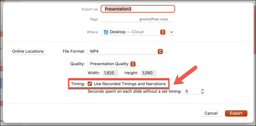 Använda inspelade tidsinställningar för en exporterad video i PowerPoint på Mac