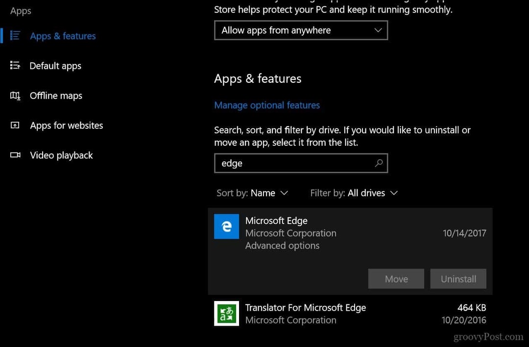 Hur man återställer eller reparerar Microsoft Edge webbläsare i Windows 10 1709 och senare
