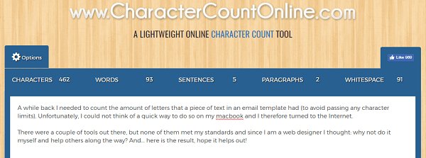 Använd CharacterCountOnline.com för att räkna tecken, ord, stycken och mer.