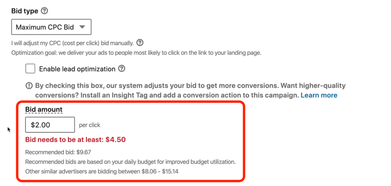 skärmdump av meddelandet i rött som säger "LinkedIn-budet måste vara minst 4,50 $"