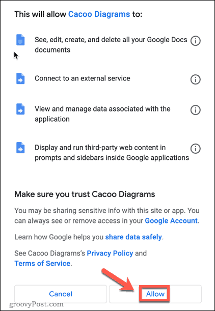 Acceptera tilläggsbehörigheter i Google Dokument