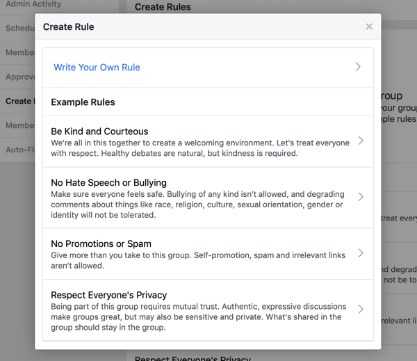 Hur du förbättrar din Facebook-gruppgemenskap, exempel på förskrivna regler för Facebook-gruppen