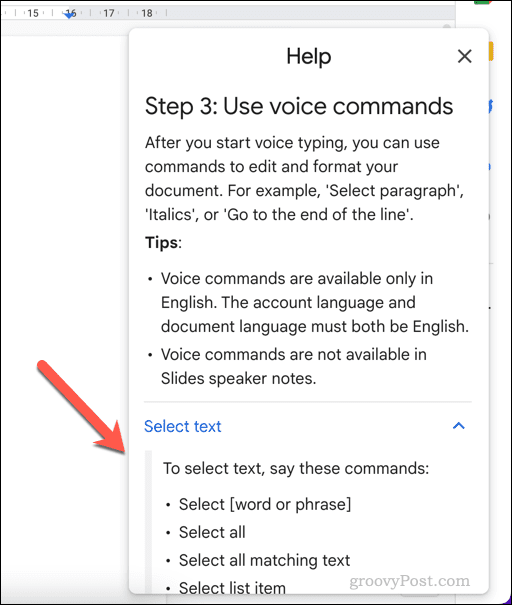 Hjälpmeny för röstinmatning i Google Dokument